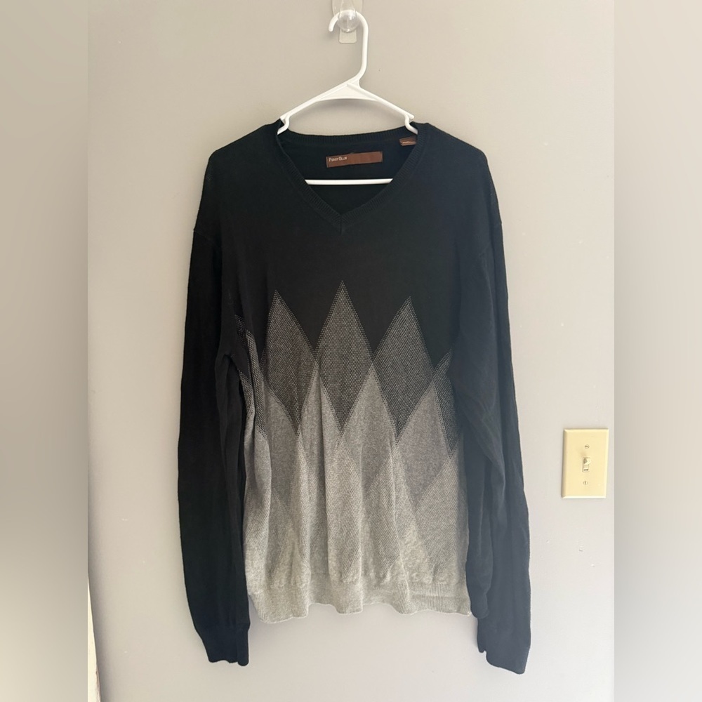 Perry Ellis V Neck Pullover Sweater Mens SZ XL Black Grey Argyle Soft Preppy